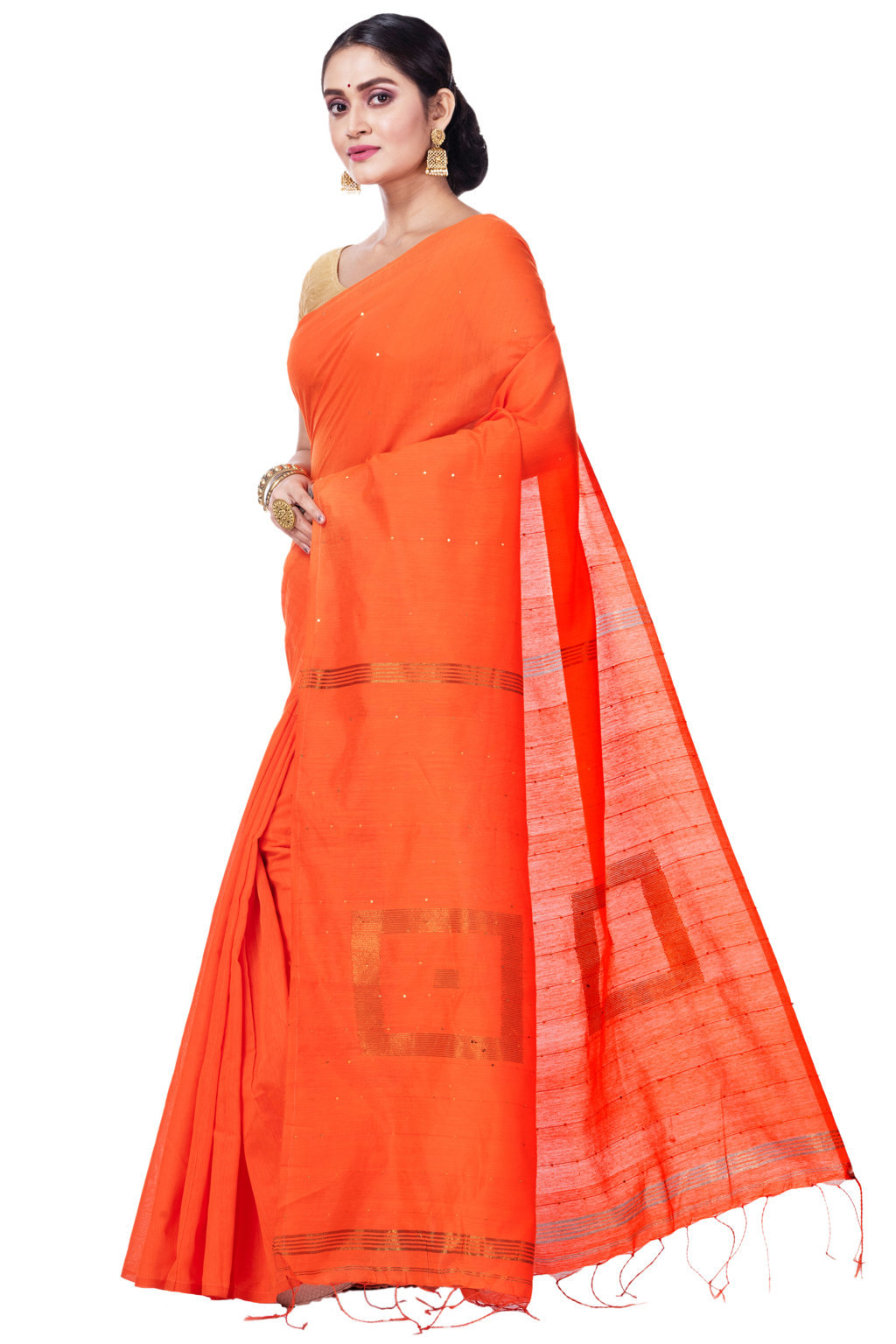 Orange Blended Cotton Sequence_Handloom Hand Loom Saree (469)